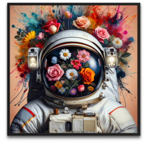 Stemningsfuldt artwork der forener naturens blomstrende skønhed med universets mystik, en kunstnerisk fortælling om harmoni mellem jord og kosmos