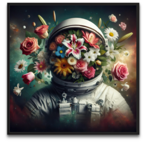 Kunstnerisk artwork der forener florale elementer med kosmiske detaljer, en visuel fortælling om naturens og universets evige dans