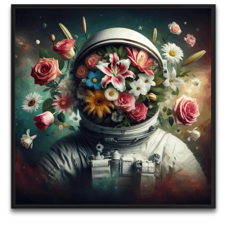 Kunstnerisk artwork der forener florale elementer med kosmiske detaljer, en visuel fortælling om naturens og universets evige dans