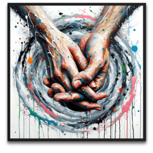 "Never Let Go artwork af byFrank - et kunstværk om styrken i at holde fast i hinanden gennem livets rejse"