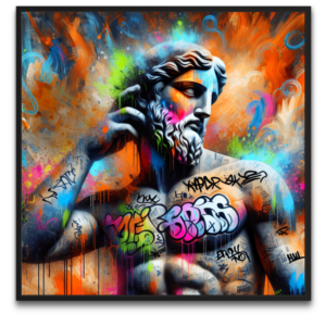 "Urban Titan artwork af byFrank - et kunstværk der forener klassisk skulptur med moderne gadekunst og eksplosive farver"