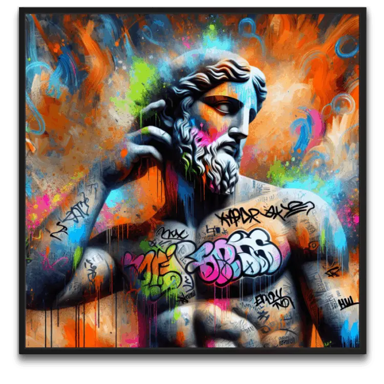 "Urban Titan artwork af byFrank - et kunstværk der forener klassisk skulptur med moderne gadekunst og eksplosive farver"