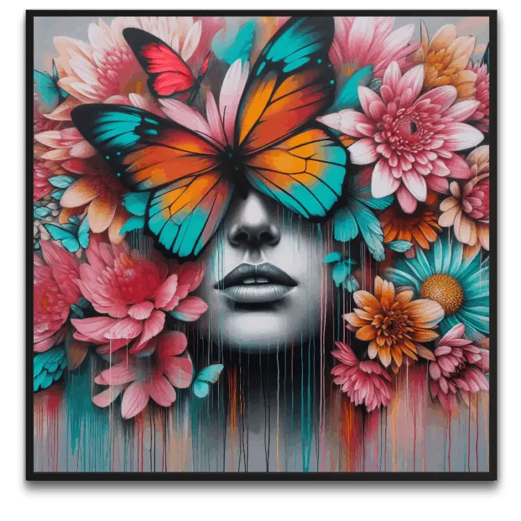 Minimalistisk artwork med sommerfugl og blomster i bløde nuancer, der symboliserer naturens simple skønhed og ro midt i en travl hverdag
