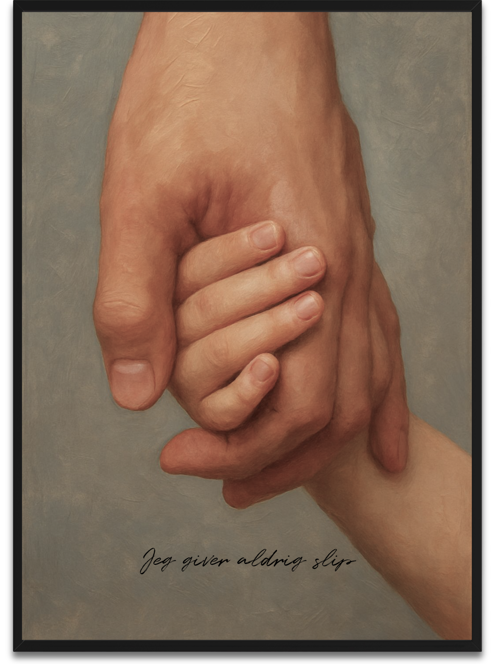 Jeg giver aldrig slip plakat - en far holder sit barns hånd som symbol på evig støtte og beskyttelse